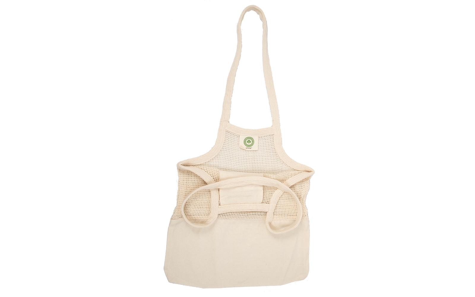 Beige fabric tote bag with mesh front panel and long handles