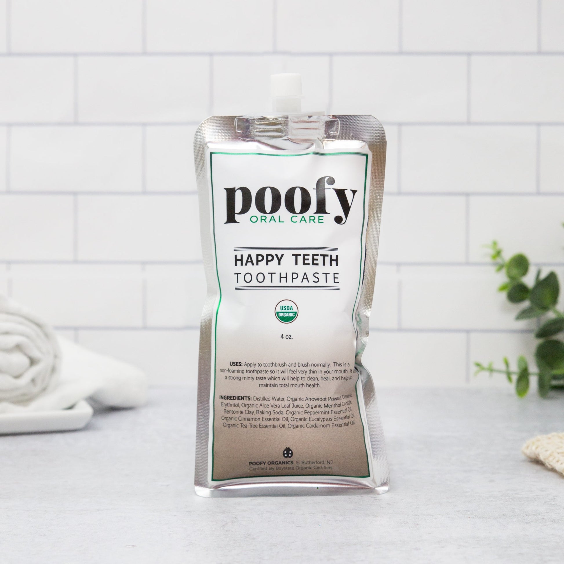 Poofy Oral Care Happy Teeth toothpaste pouch, standing refill bag with spout