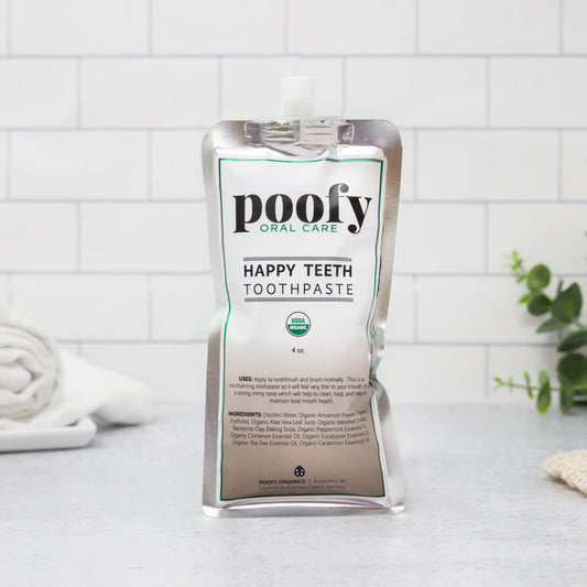 Poofy Oral Care Happy Teeth toothpaste pouch, standing refill bag with spout