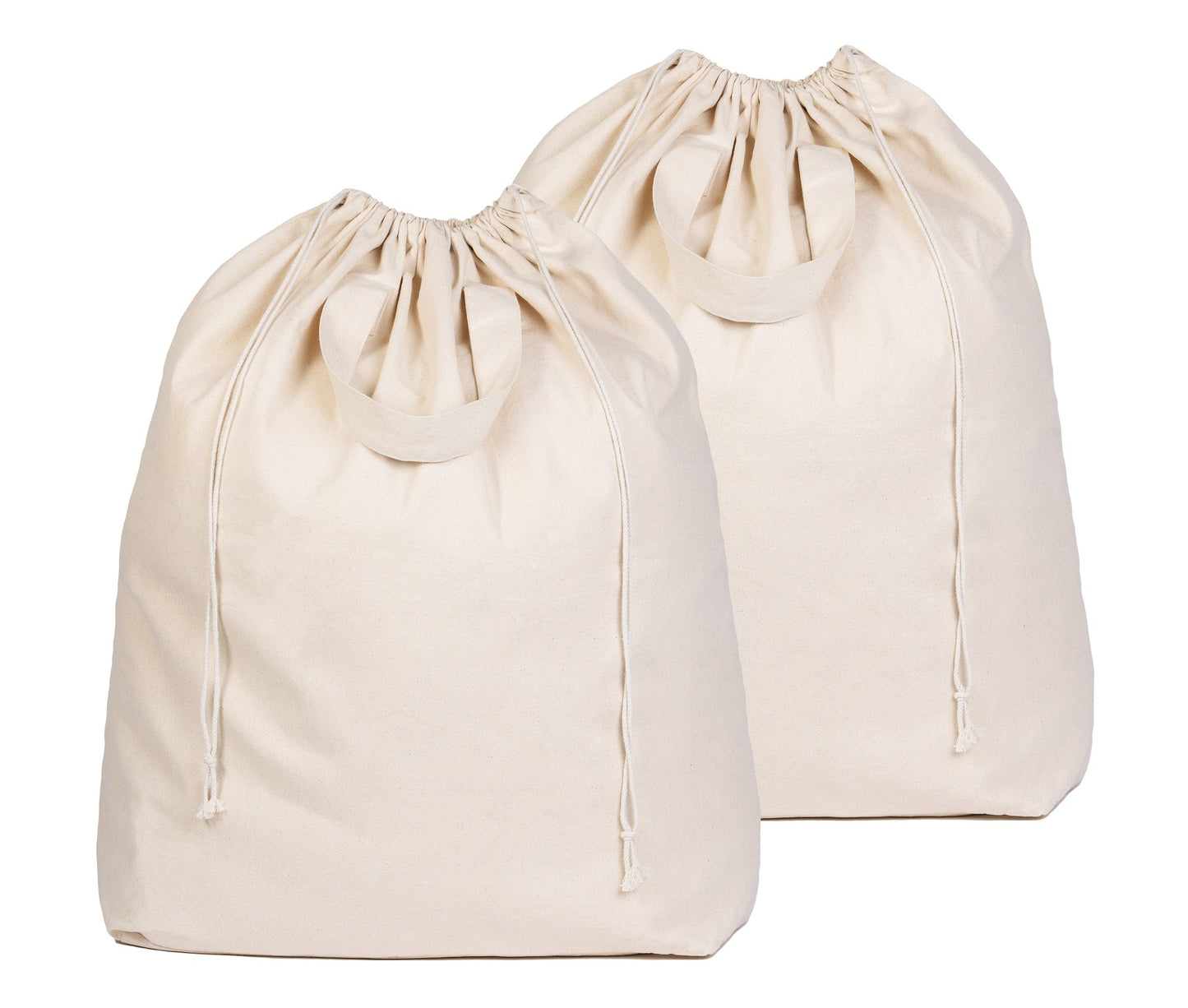 Two cream canvas laundry bags with drawstring tops, side-by-side front views