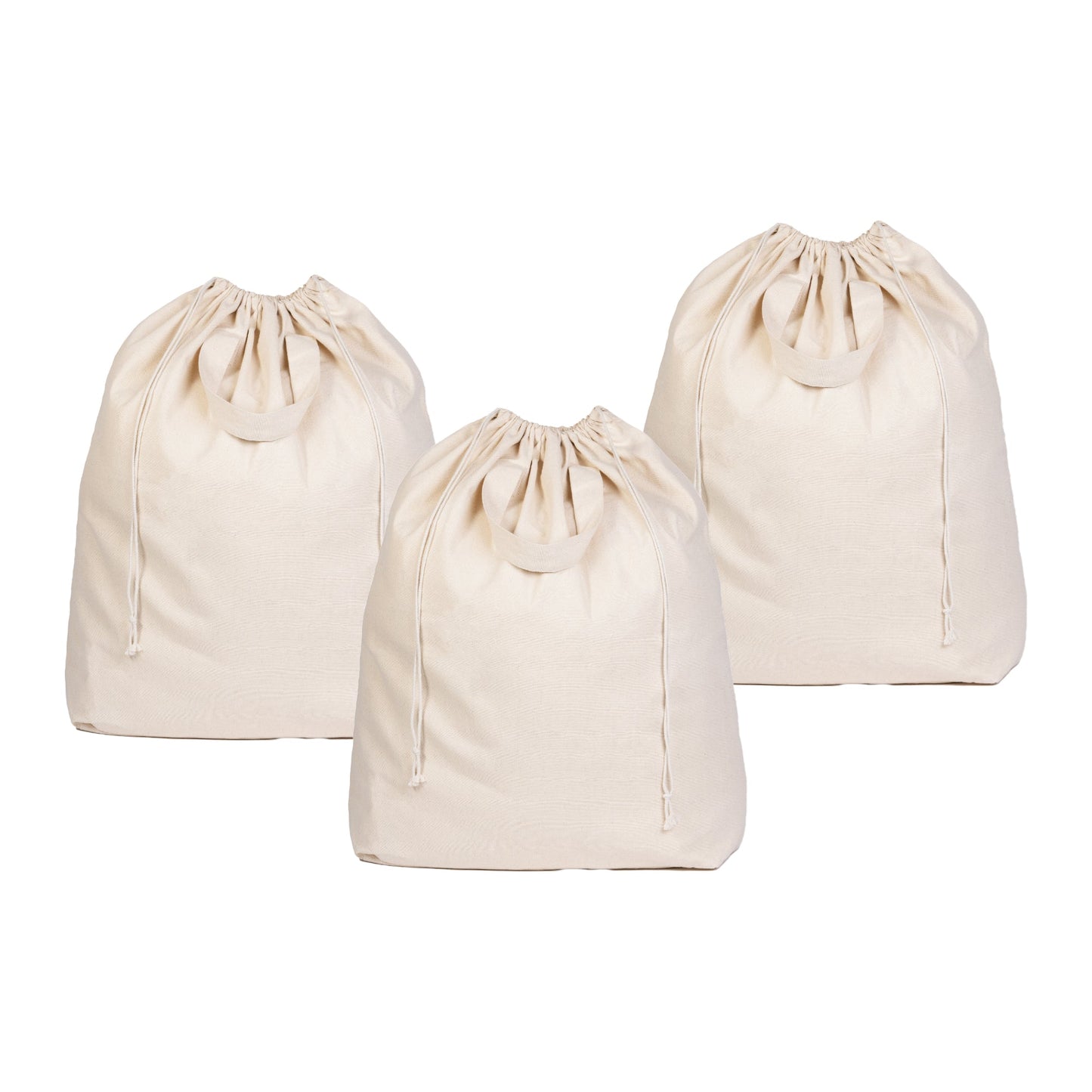 Three cream canvas laundry bags with drawstring tops, grouped together