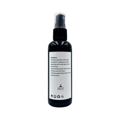 Herbal spray toner bottle with black pump sprayer, back label shown