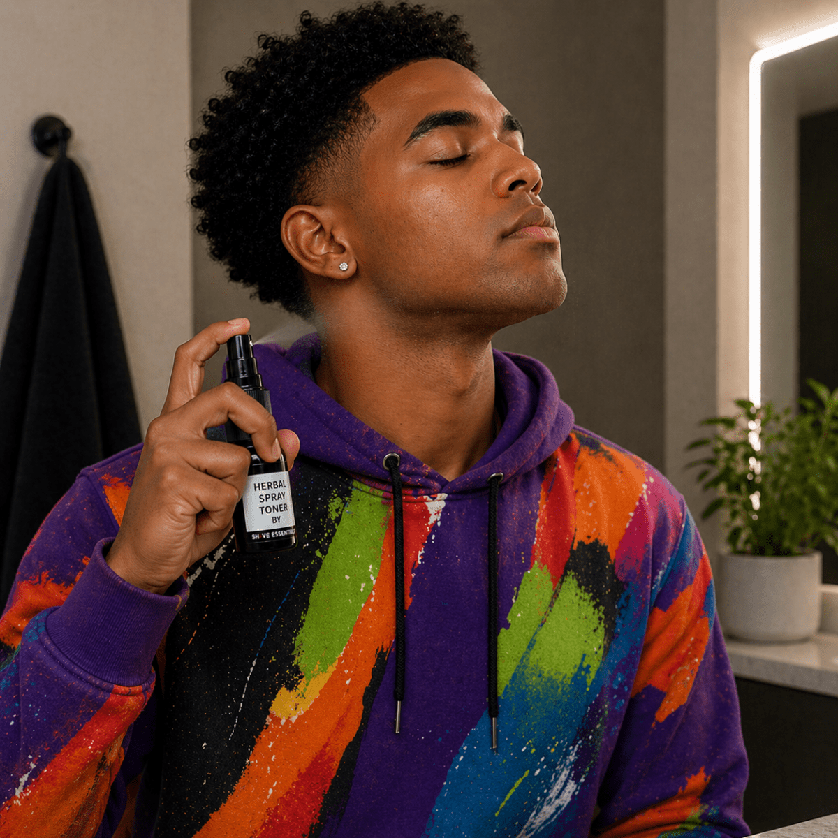 Herbal spray toner bottle held near face during use