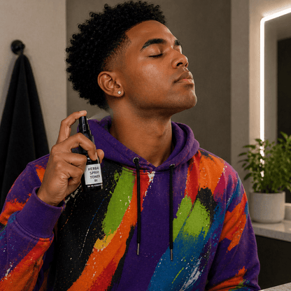 Herbal spray toner bottle held near face during use