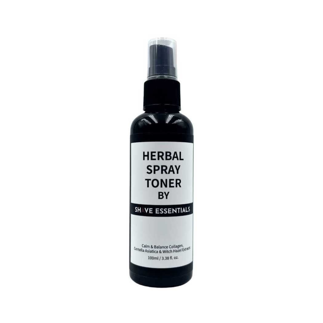 Herbal spray toner bottle with black pump sprayer, front label facing up