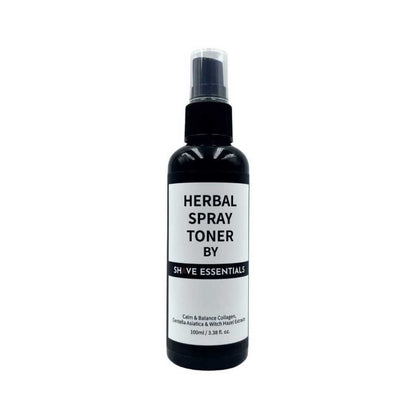 Herbal spray toner bottle with black pump sprayer, front label facing up