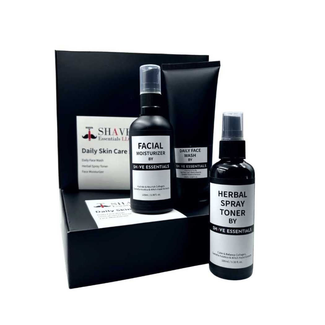 Herbal spray toner bottle shown with skincare box and other bottles