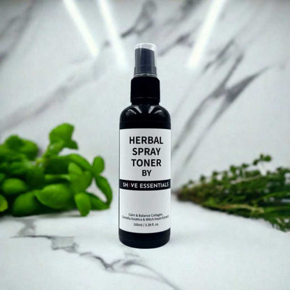 Herbal spray toner bottle with black pump sprayer, label facing forward