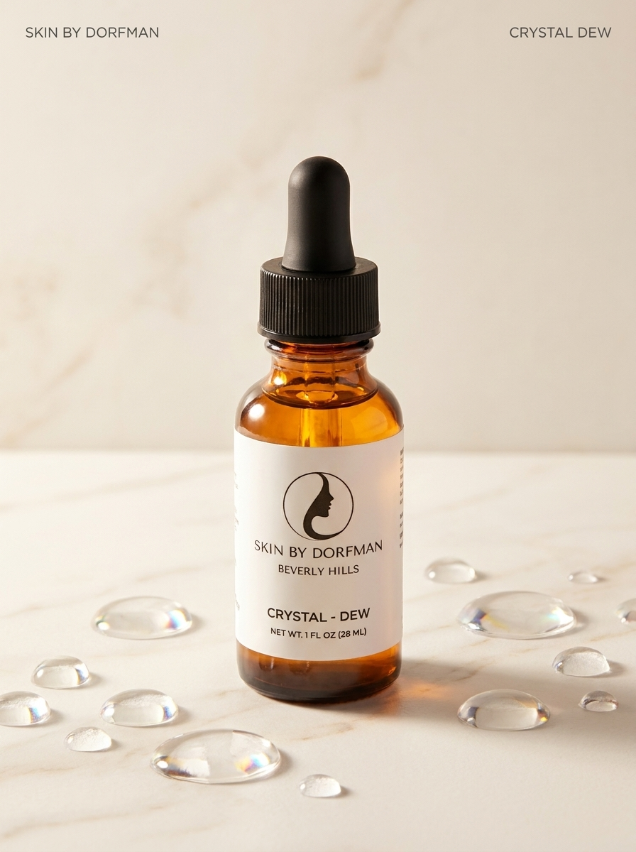 Hydrating serum bottle in amber glass with black dropper and water droplets