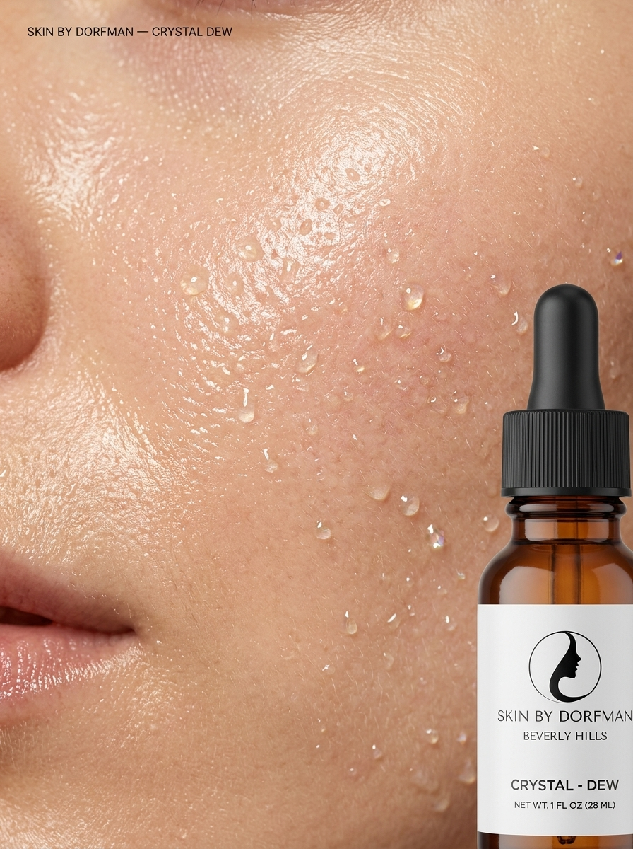 Black dropper serum bottle beside close-up dewy face with moisture droplets