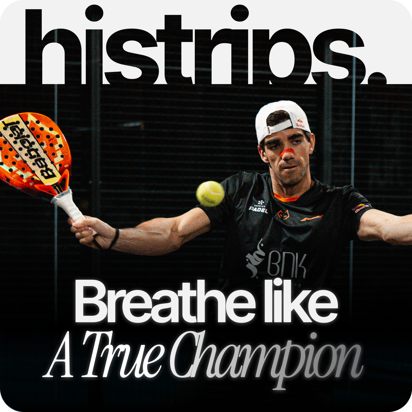 Nasal strips promo card with padel player in cap and orange nose strip