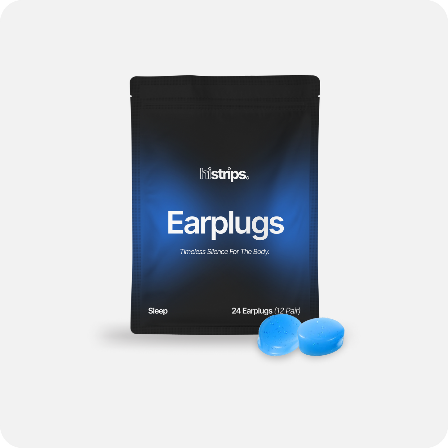 Blue silicone earplugs in a black HiStrips package, with two earplug pieces