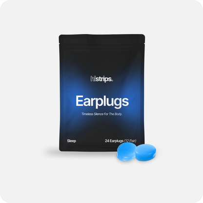 Blue silicone earplugs in a black HiStrips package, with two earplug pieces