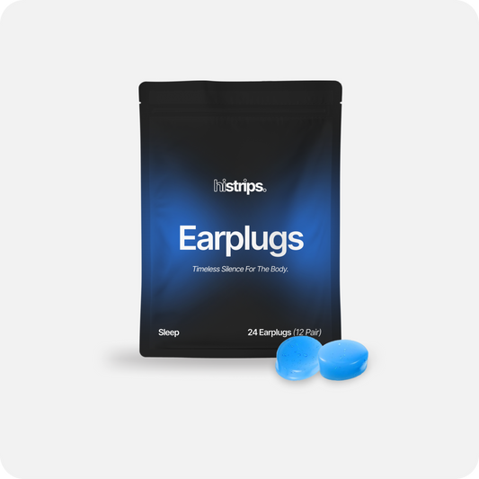 Blue silicone earplugs in a black HiStrips package, with two earplug pieces