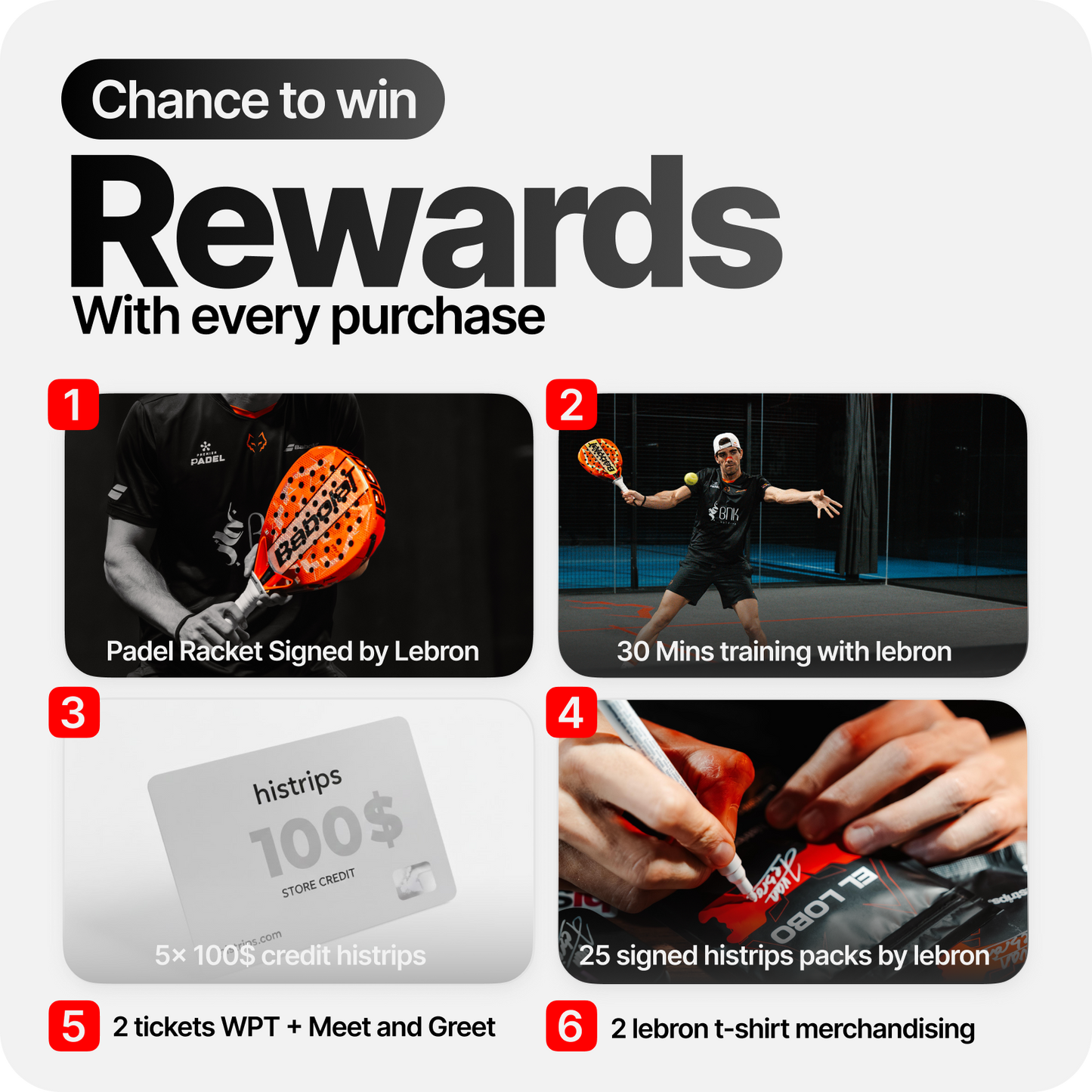 Nasal strips promotional rewards graphic featuring signed items and credit ticket cards