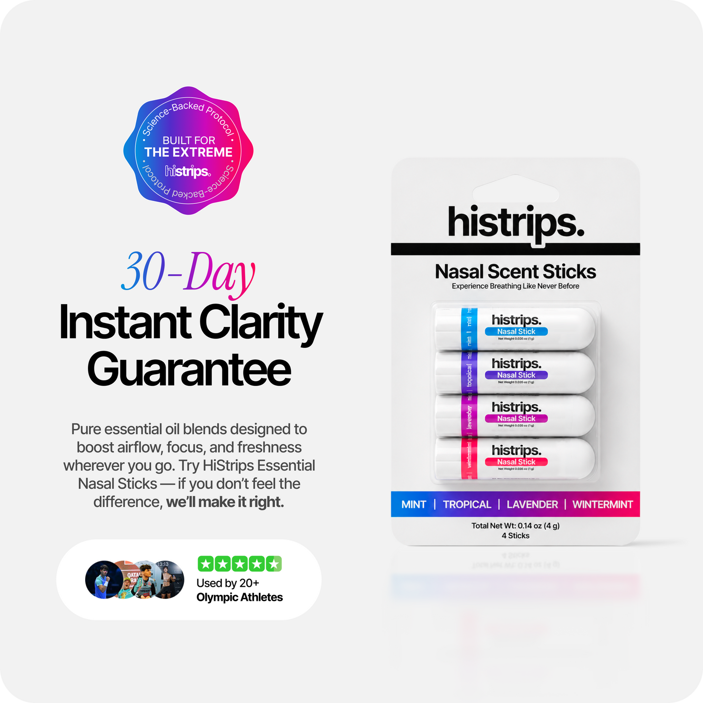 Essential nasal sticks package shown alongside a 30-day clarity guarantee badge