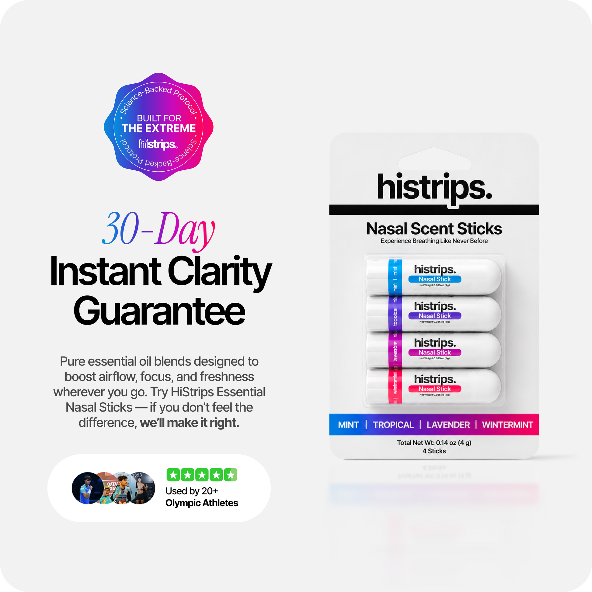 Essential nasal sticks package shown alongside a 30-day clarity guarantee badge