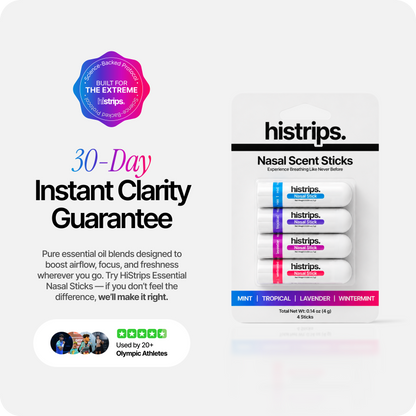 Essential nasal sticks package shown alongside a 30-day clarity guarantee badge