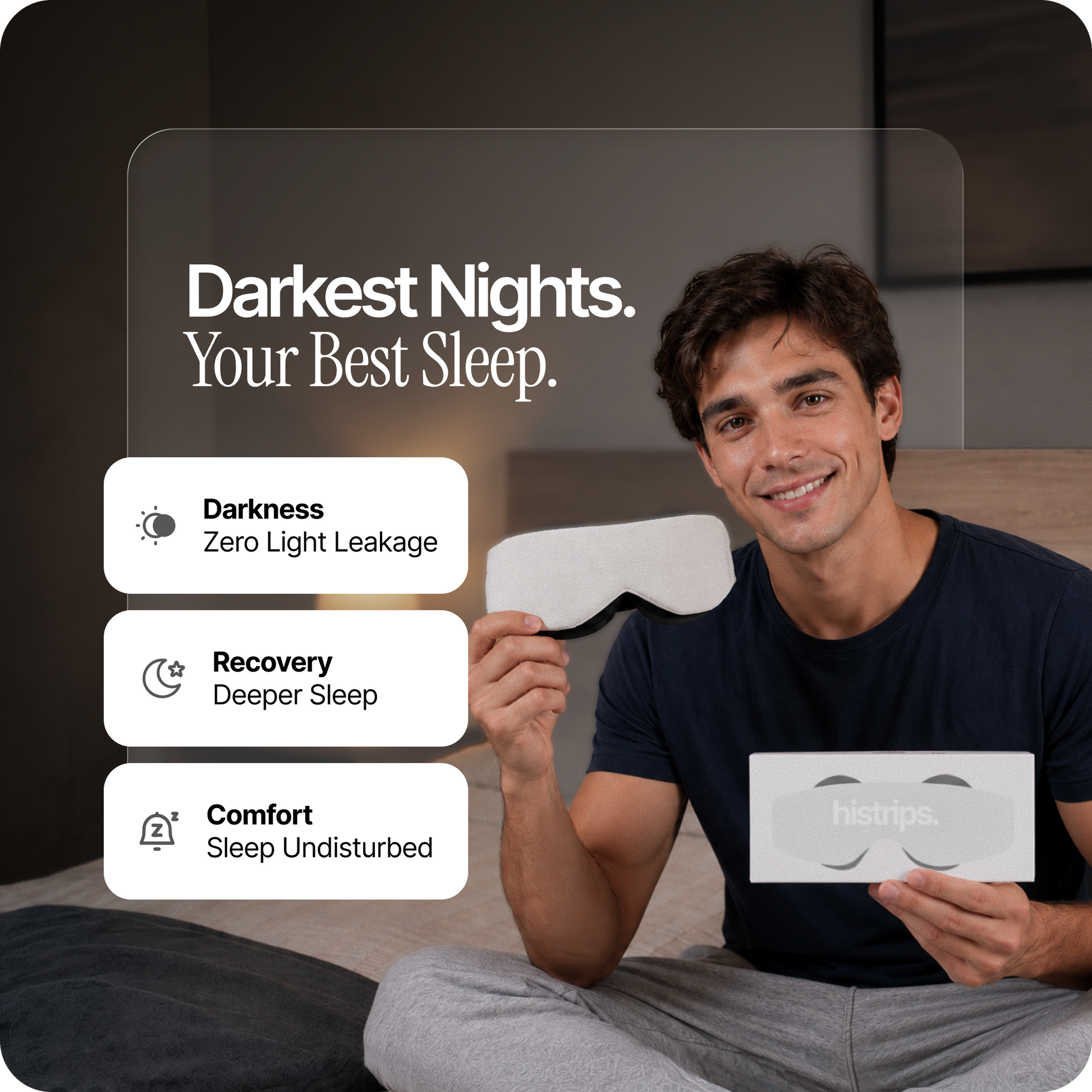 Eclipse sleep mask held up, light gray face and dark padded eye cups