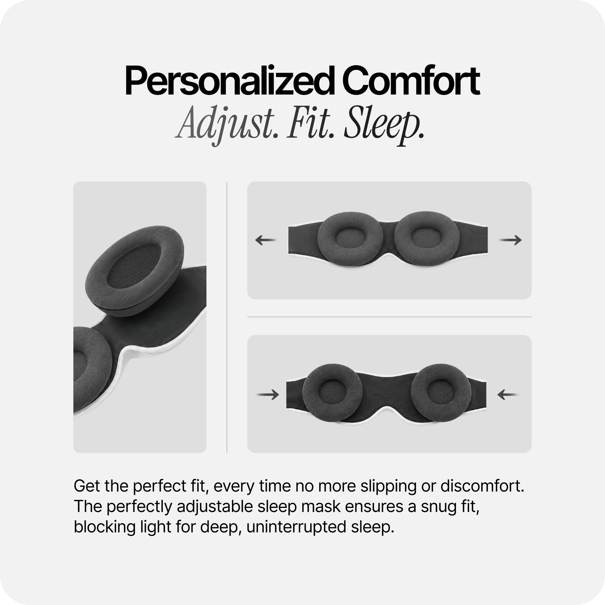 Eclipse sleep mask with contoured, adjustable eye cups for a snug fit