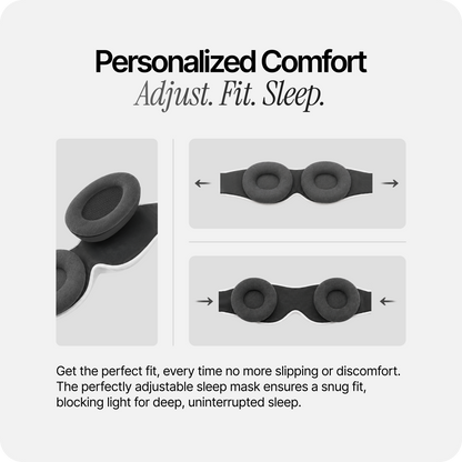 Eclipse sleep mask with contoured, adjustable eye cups for a snug fit