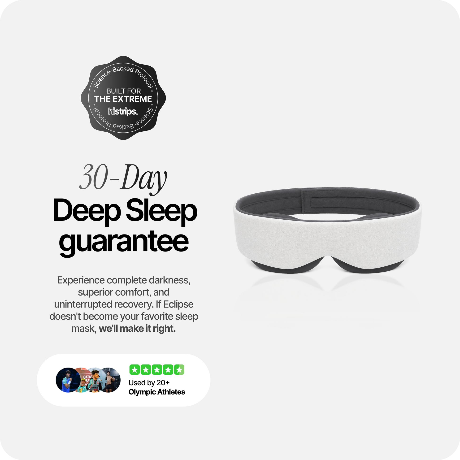 Eclipse sleep mask with light gray outer fabric and dark padded eye cups