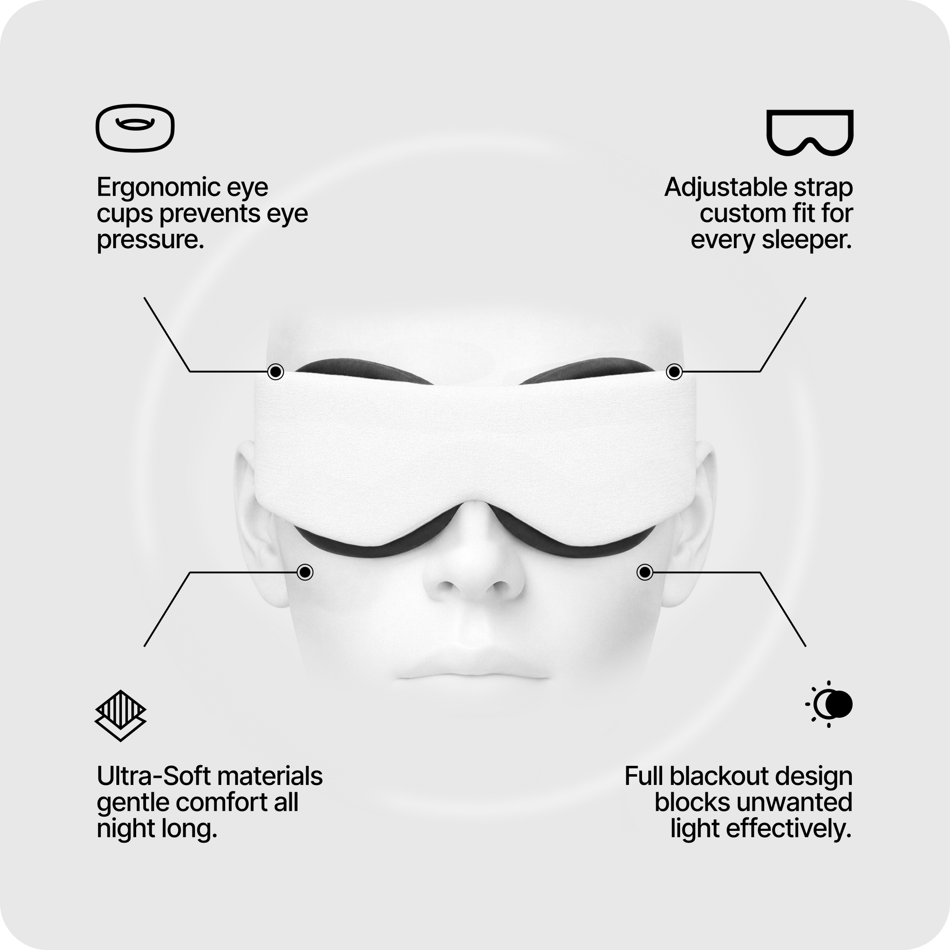 Eclipse sleep mask front view with padded, contoured eye cups and strap