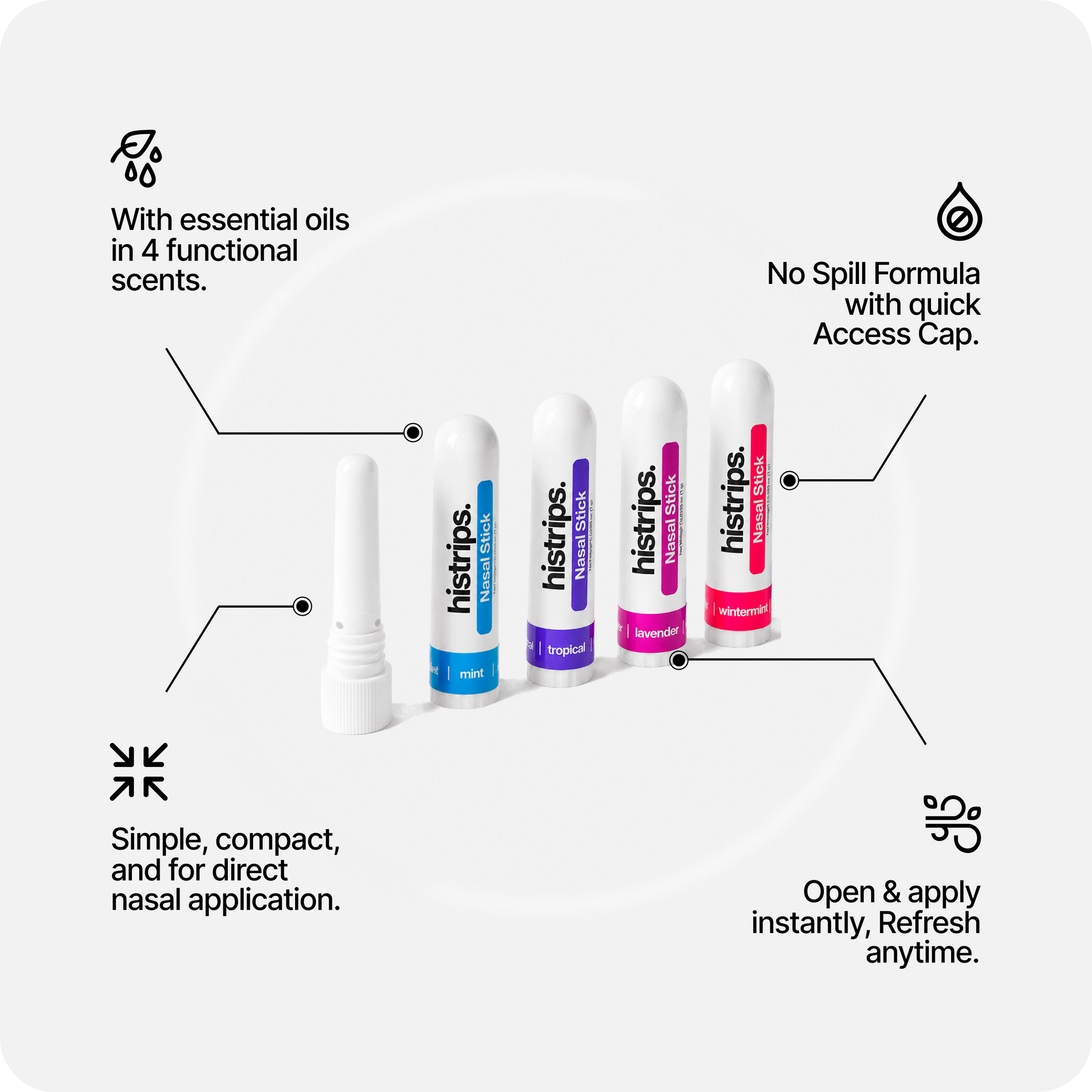 Essential nasal sticks set of four white tubes with colored labels and caps