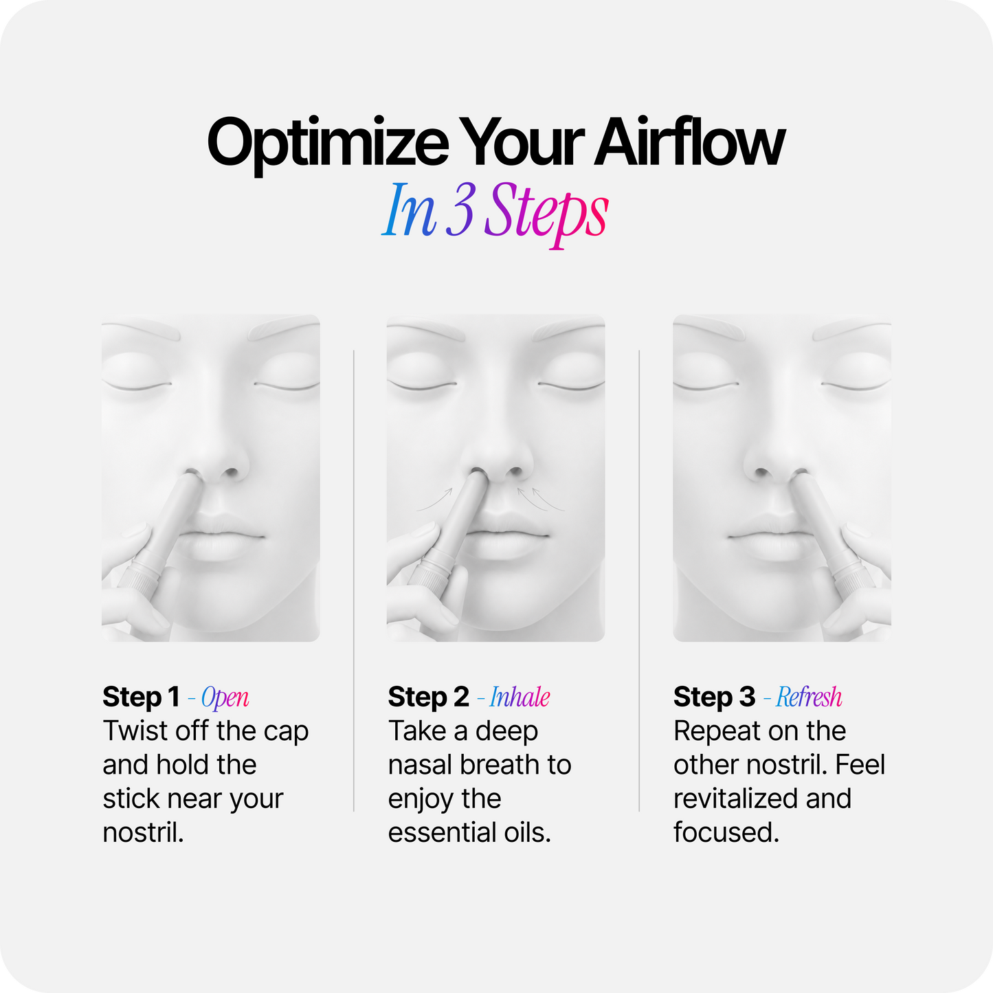 Essential nasal stick application steps shown on a face with open cap, inhale, and refresh