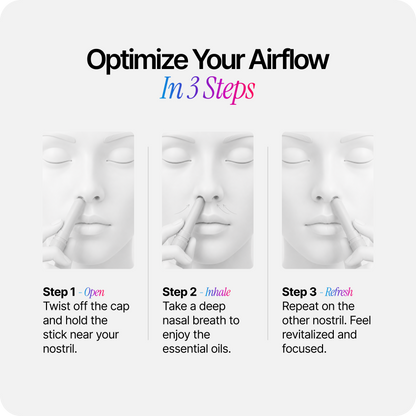 Essential nasal stick application steps shown on a face with open cap, inhale, and refresh