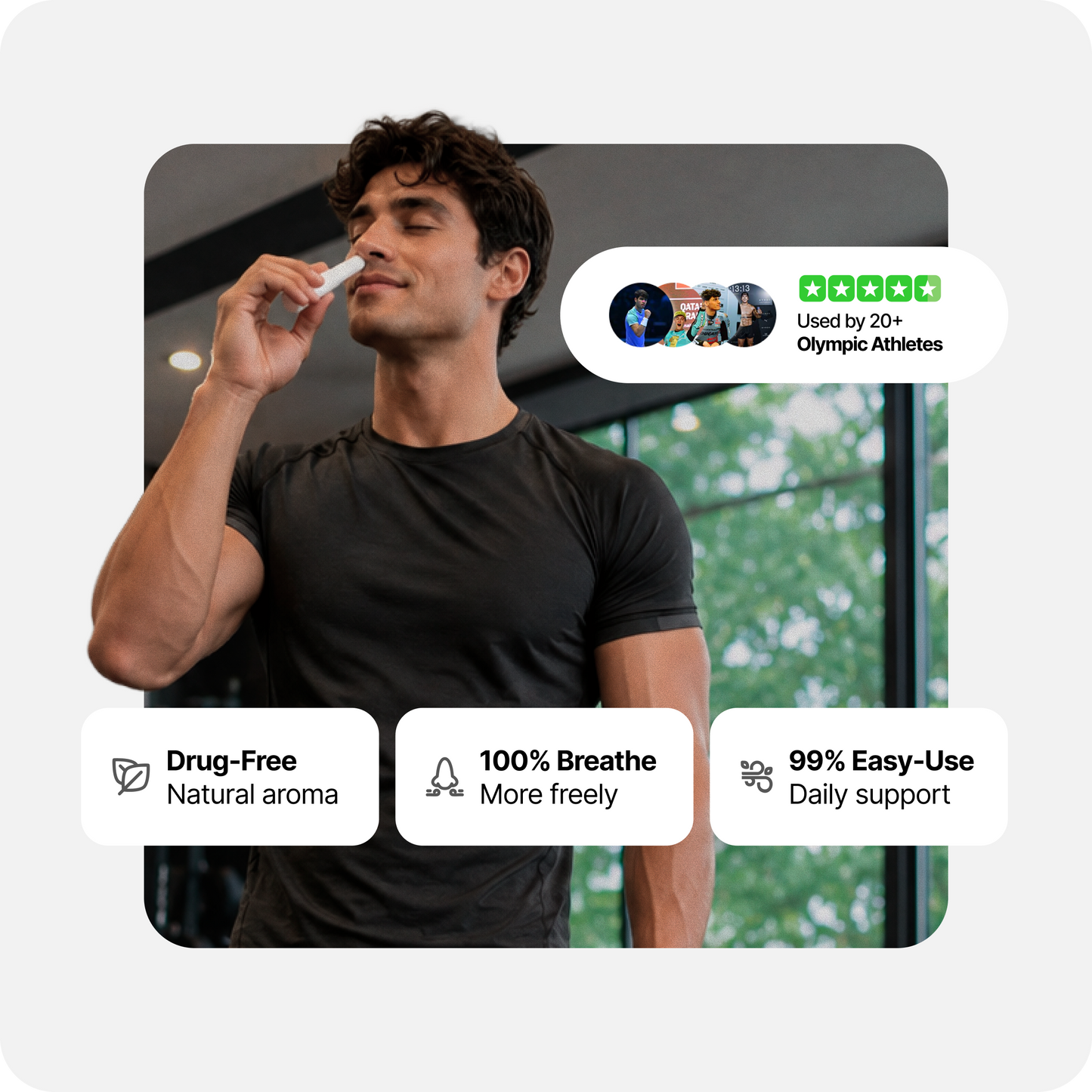 Essential nasal stick held to a man’s nose with benefit icons below