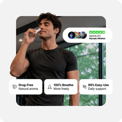 Essential nasal stick held to a man’s nose with benefit icons below