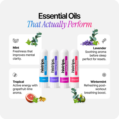 Essential nasal sticks for mint, tropical, lavender, and wintermint shown with scent icons