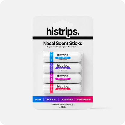 Essential nasal sticks blister pack with four white scent sticks: mint, tropical, lavender, wintermint