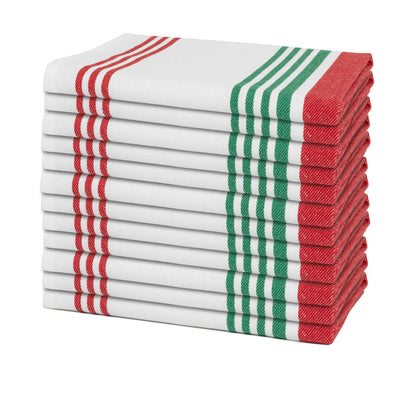 Stack of striped cloth napkins with white base, red stripes, and green vertical bars