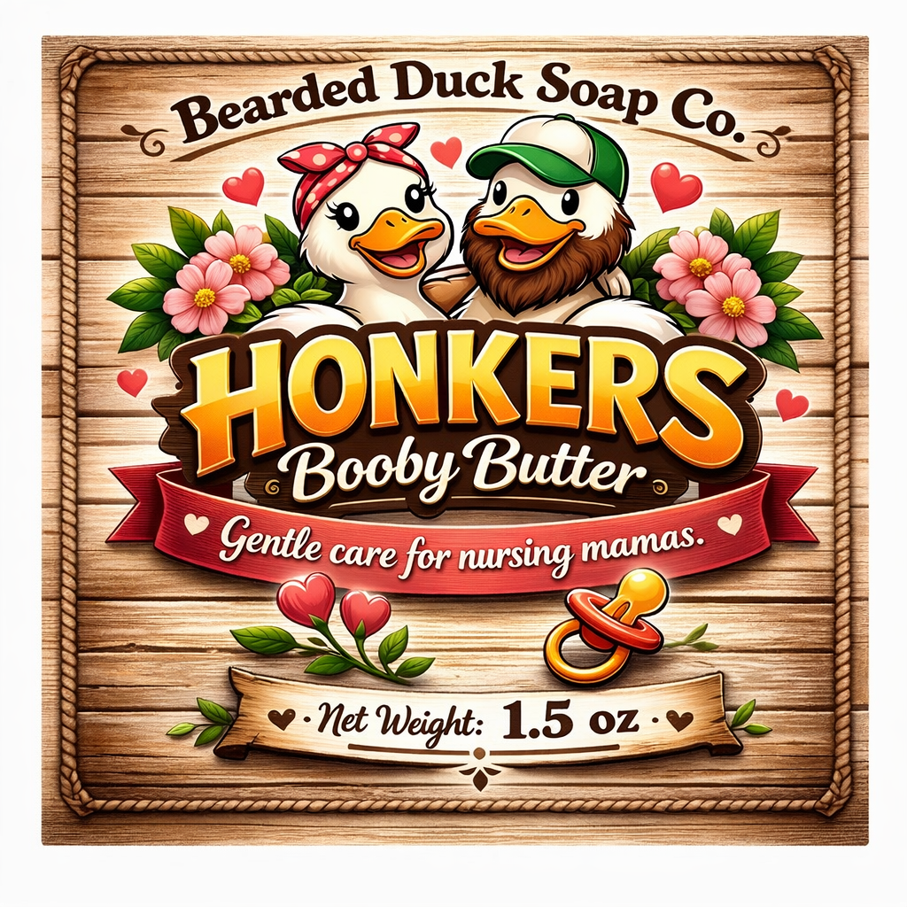 Honkers Booby Butter soap label with cute duck graphic and net weight 1.5 oz