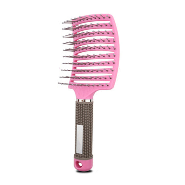 Pink massage hair comb with pin tips and dark gray textured handle