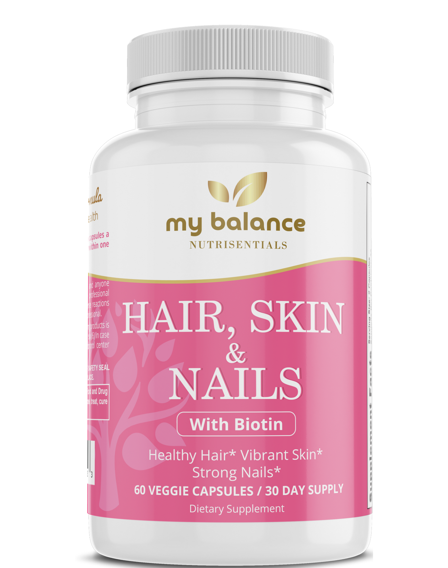 my balance Hair, Skin & Nails with Biotin supplement bottle, pink label, 60 veggie capsules