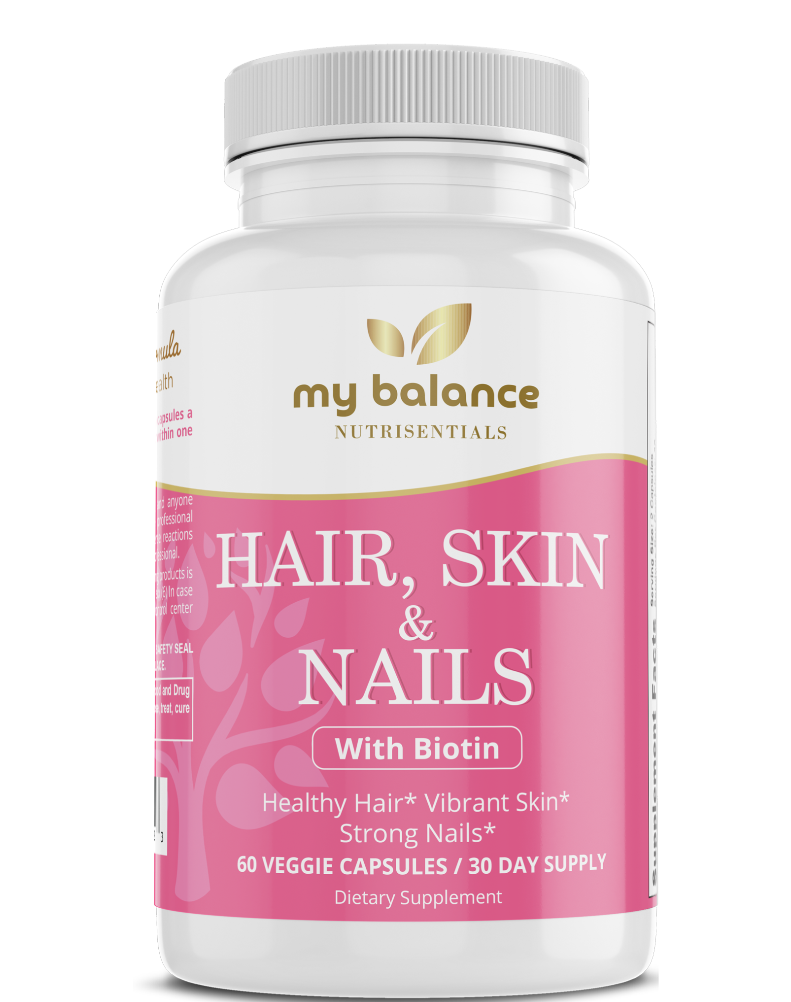 my balance Hair, Skin & Nails with Biotin supplement bottle, pink label, 60 veggie capsules