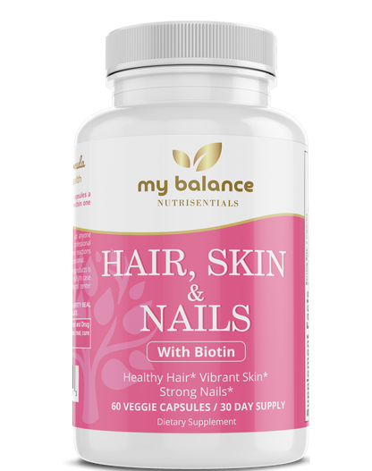 my balance Hair, Skin & Nails with Biotin supplement bottle, pink label, 60 veggie capsules