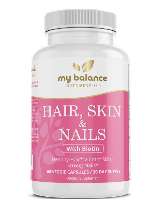 my balance Hair, Skin & Nails with Biotin supplement bottle, pink label, 60 veggie capsules