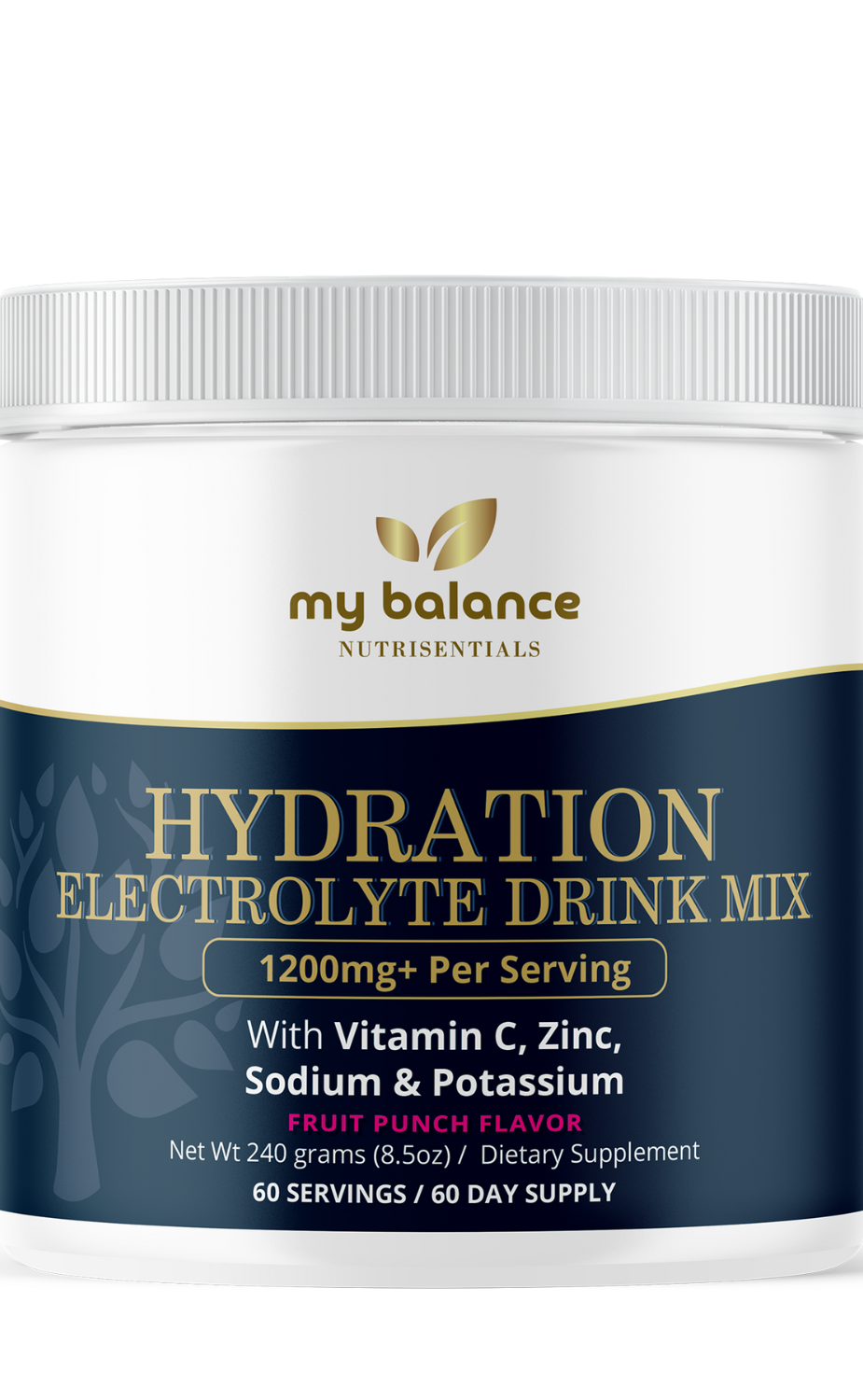 Electrolyte drink mix tub, front label text and nutrition highlights