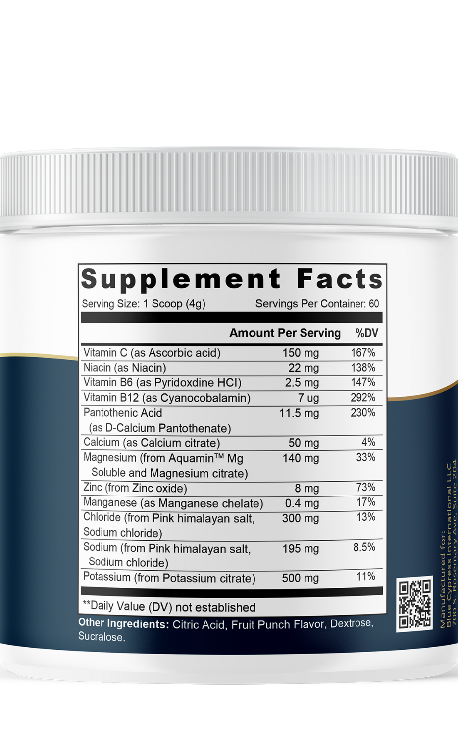 Electrolyte drink mix tub, Supplement Facts panel showing minerals and amounts