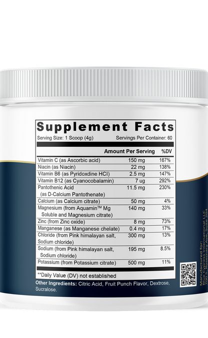 Electrolyte drink mix tub, Supplement Facts panel showing minerals and amounts