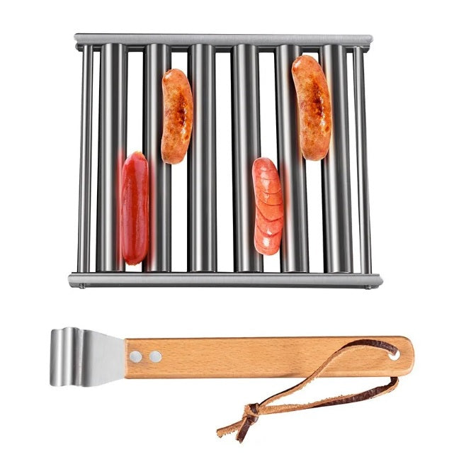 Hot dog roller rack with four sausages, side tongs with wooden handle