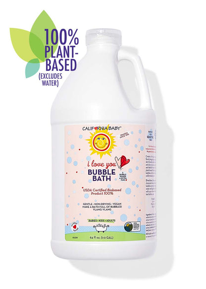 Bubble bath bottle with handle, pink liquid, California Baby label