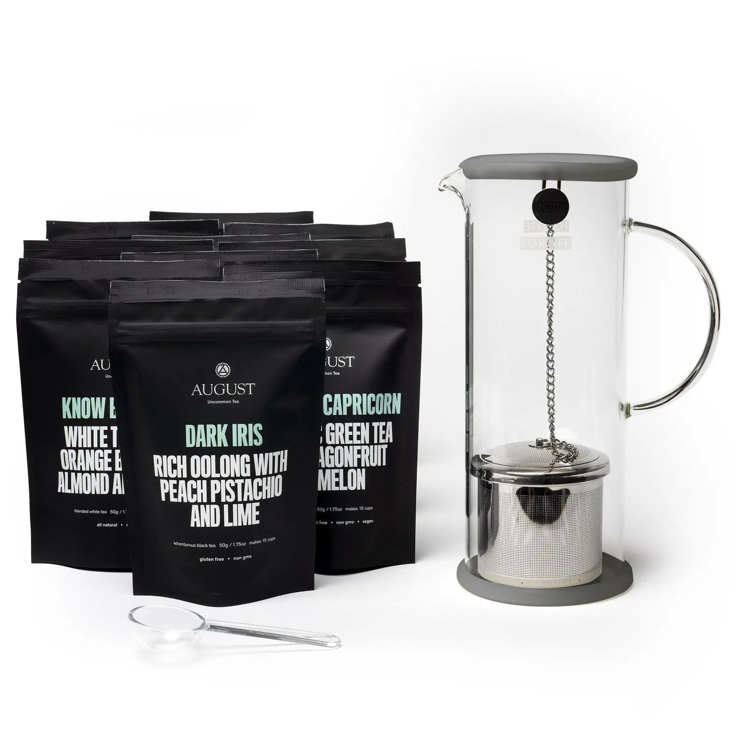 Iced tea sampler set with glass brewer and black tea bag pouches