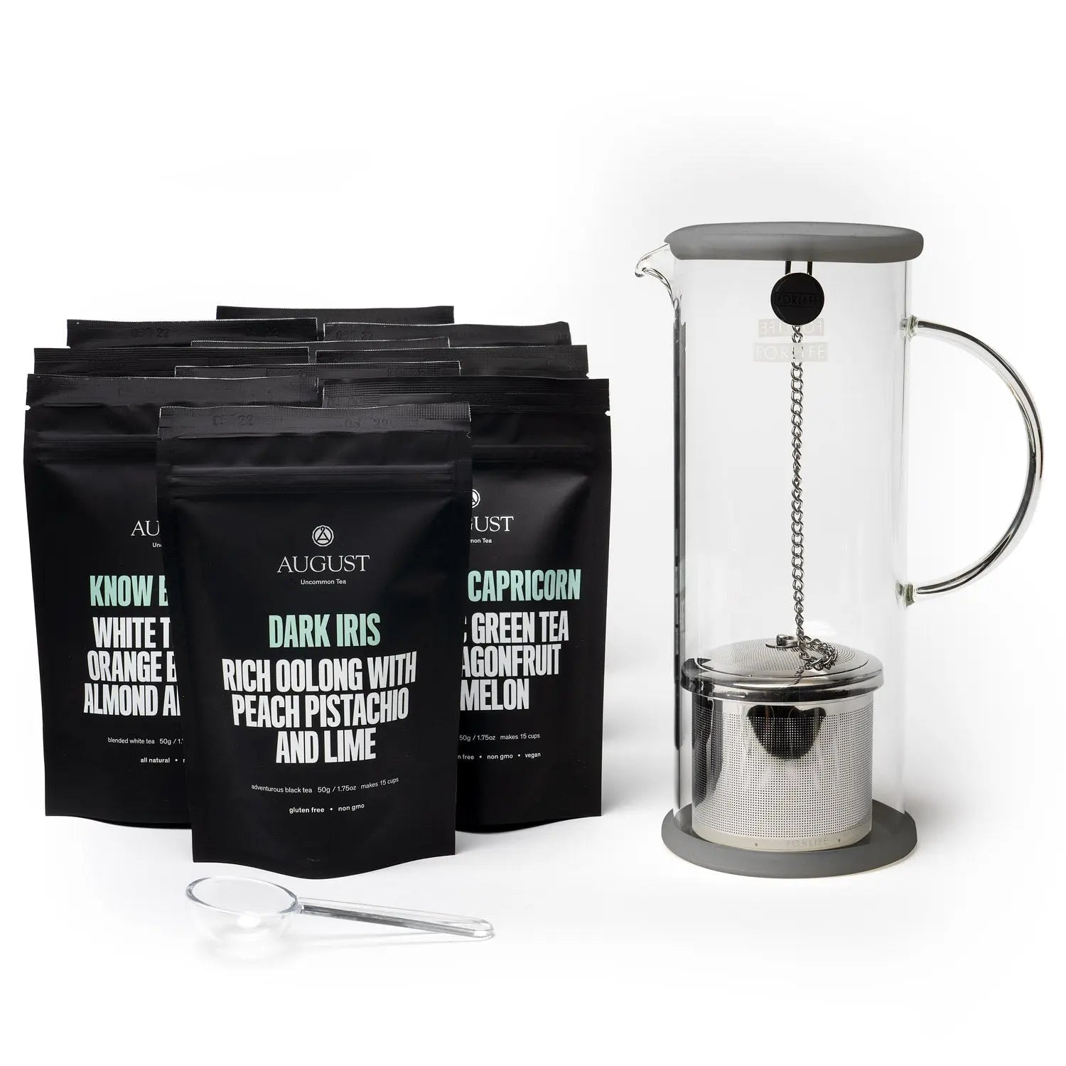 Iced tea sampler set with glass brewer and black tea bag pouches