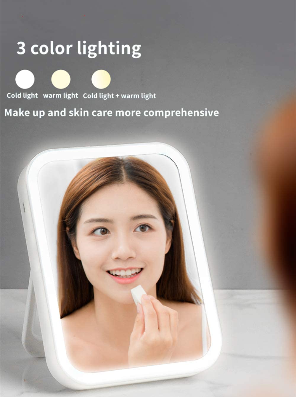 White makeup mirror with evenly lit LED frame for skin care and makeup