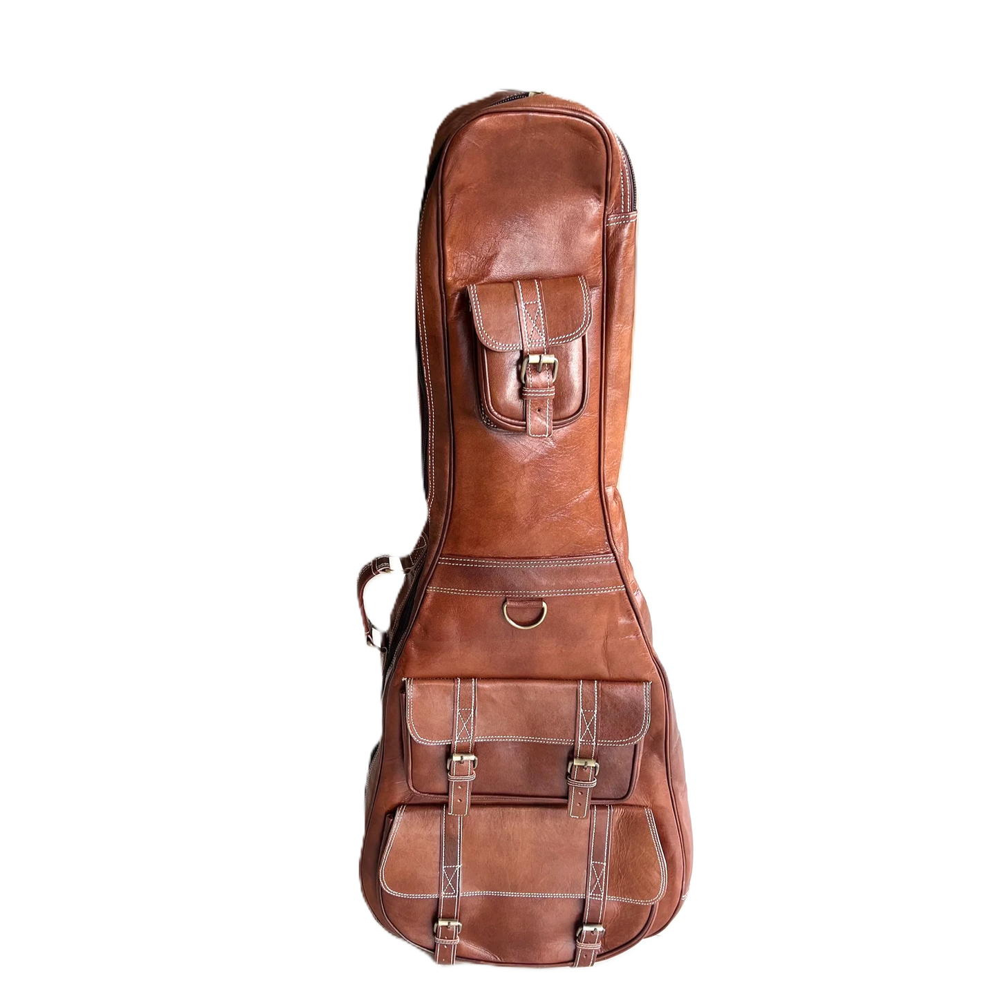 Brown leather guitar case with front latch and dual front straps